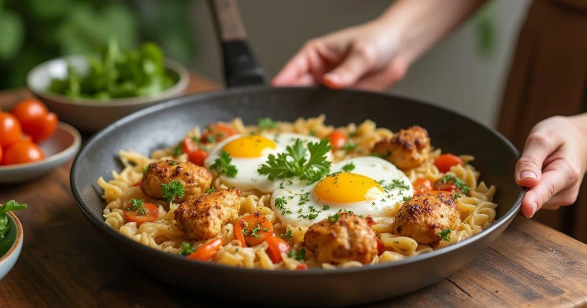 A savory chicken and eggs breakfast skillet topped with fresh herbs